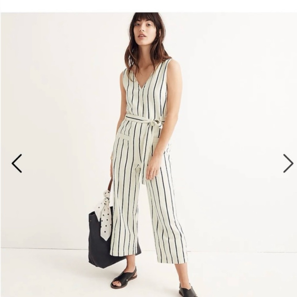 Madewell Cream and Black Striped Ankle Jumpsuit